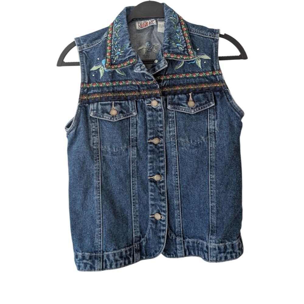 Bill Blass Embroidered‎ Bohemian Artsy Jean Vest Size Petite Small